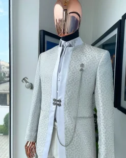 A White and Silver Metallic circle pattern jacquard Suit