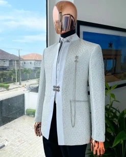 A White and Silver Metallic circle pattern jacquard Suit