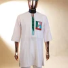A white, APC ( All Progressive Congress) pattern embroidery, 3/4 sleeve African senator kaftan native.
