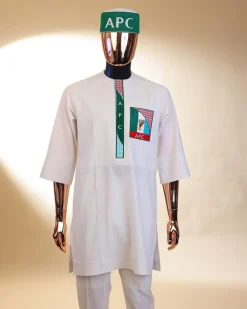 A white, APC ( All Progressive Congress) pattern embroidery, 3/4 sleeve African senator kaftan native.