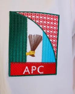 A white, APC ( All Progressive Congress) pattern embroidery, 3/4 sleeve African senator kaftan native.