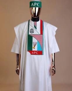 A White ,APC ( All Progressive Congress) pattern embroidery agbada