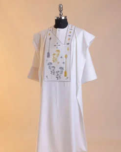 A White, arrow and floral metallic wire embroidery design with ss30 and ss20 gold and grey Swarovski stone details agbada
