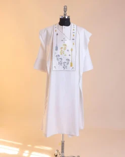 A White, arrow and floral metallic wire embroidery design with ss30 and ss20 gold and grey Swarovski stone details agbada