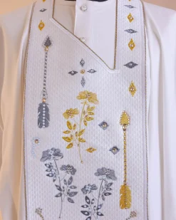 A White, arrow and floral metallic wire embroidery design with ss30 and ss20 gold and grey Swarovski stone details agbada