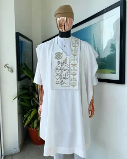 A white, connected faces renaissance maze embroidery details agbada