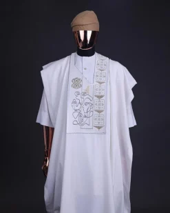 A white, connected faces renaissance maze embroidery details agbada
