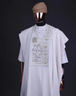 A white, connected faces renaissance maze embroidery details agbada