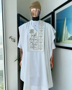 A white, connected faces renaissance maze embroidery details agbada