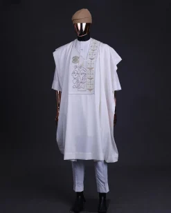 A white, connected faces renaissance maze embroidery details agbada
