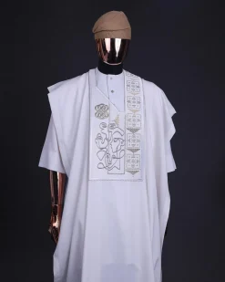 A white, connected faces renaissance maze embroidery details agbada