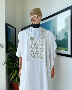 A white, connected faces renaissance maze embroidery details agbada
