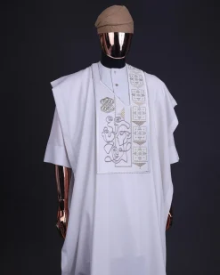 A white, connected faces renaissance maze embroidery details agbada