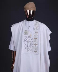 A white, connected faces renaissance maze embroidery details agbada