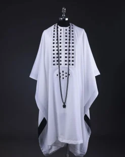 A White, Connected Square Embroidery Design With Matching Black And Silver Swarovski Stone Details Agbada