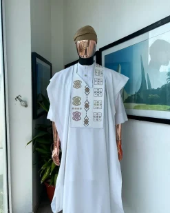 A White, connected square & renaissance maze embroidery details agbada