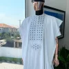 A white, connected square embroidery design with skye blue detailing Swarovski stone details agbada