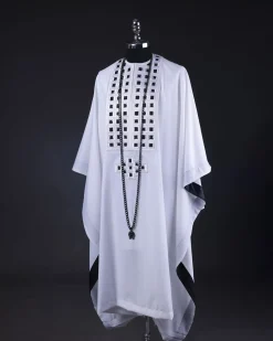 A White, Connected Square Embroidery Design With Matching Black And Silver Swarovski Stone Details Agbada