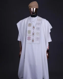 A White, connected square & renaissance maze embroidery details agbada