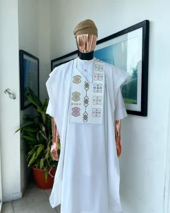 A White, connected square & renaissance maze embroidery details agbada