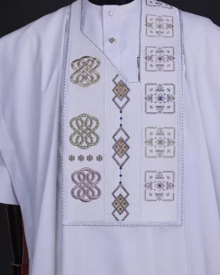 A White, connected square & renaissance maze embroidery details agbada