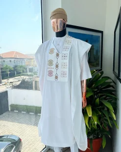 A White, connected square & renaissance maze embroidery details agbada
