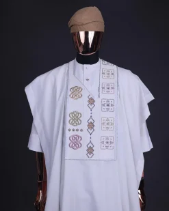 A White, connected square & renaissance maze embroidery details agbada
