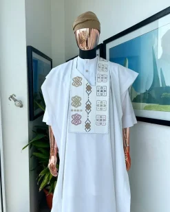 A White, connected square & renaissance maze embroidery details agbada