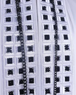 A White, Connected Square Embroidery Design With Matching Black And Silver Swarovski Stone Details Agbada