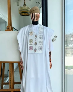 A White, connected square & renaissance maze embroidery details agbada