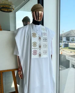 A White, connected square & renaissance maze embroidery details agbada