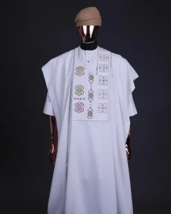 A White, connected square & renaissance maze embroidery details agbada