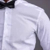 A White, Covered Button, Connected Paisley Print English Spread Collar Tuxedo Shirt.