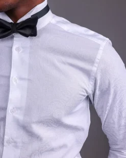 A White, Covered Button, Connected Paisley Print English Spread Collar Tuxedo Shirt.