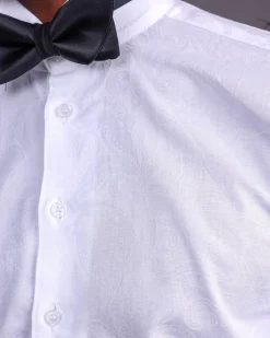 A White, Covered Button, Connected Paisley Print English Spread Collar Tuxedo Shirt.