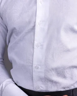 A White, Covered Button, Connected Paisley Print English Spread Collar Tuxedo Shirt.