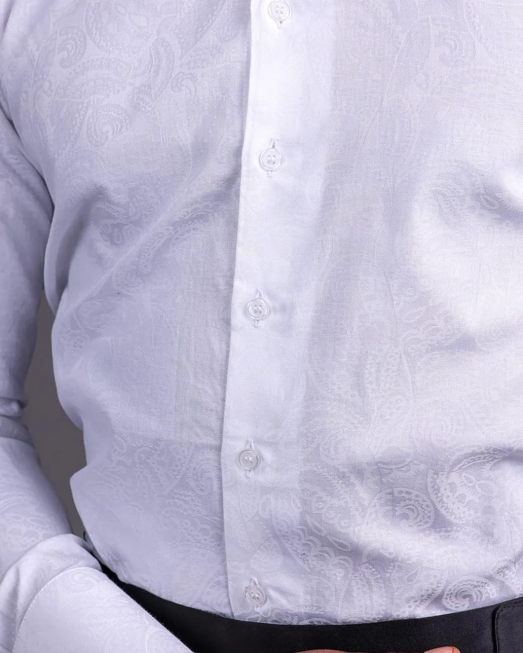 A White, Covered Button, Connected Paisley Print English Spread Collar Tuxedo Shirt.