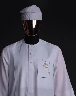A White, curved and square shaped pocket with floral embrodery details, 3/4 sleeve African senator kaftan native.
