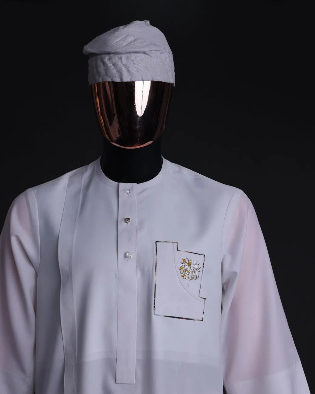 A White, curved and square shaped pocket with floral embrodery details, 3/4 sleeve African senator kaftan native.