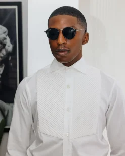 A White, Cut-Away Pleated Evening Tuxedo Shirt.