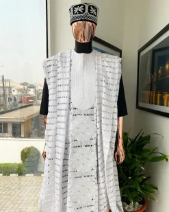 A White Dropping Line Weaving Design Embroidery Agbada