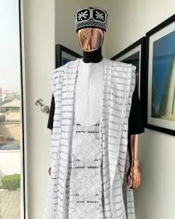 A White Dropping Line Weaving Design Embroidery Agbada