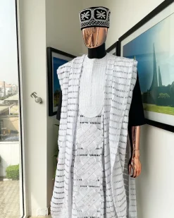 A White Dropping Line Weaving Design Embroidery Agbada