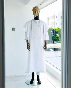 A White, dropping maze line embroidery details agbada, 3/4 sleeve kaftan, and Sokoto
