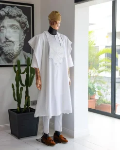 A White, Flapper Embroidery With Silver Mix Jacquard Details Agbada