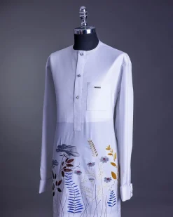 A White, front flap, floral petals, blue Swarovski buttons, long sleeve embroidery detail African senator Kaftan