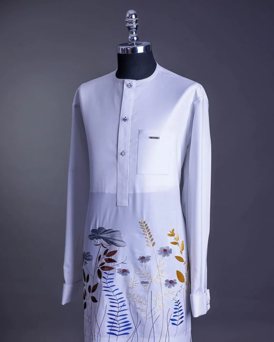 A White, front flap, floral petals, blue Swarovski buttons, long sleeve embroidery detail African senator Kaftan