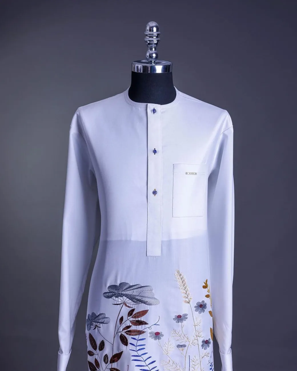A White, front flap, floral petals, blue Swarovski buttons, long sleeve embroidery detail African senator Kaftan