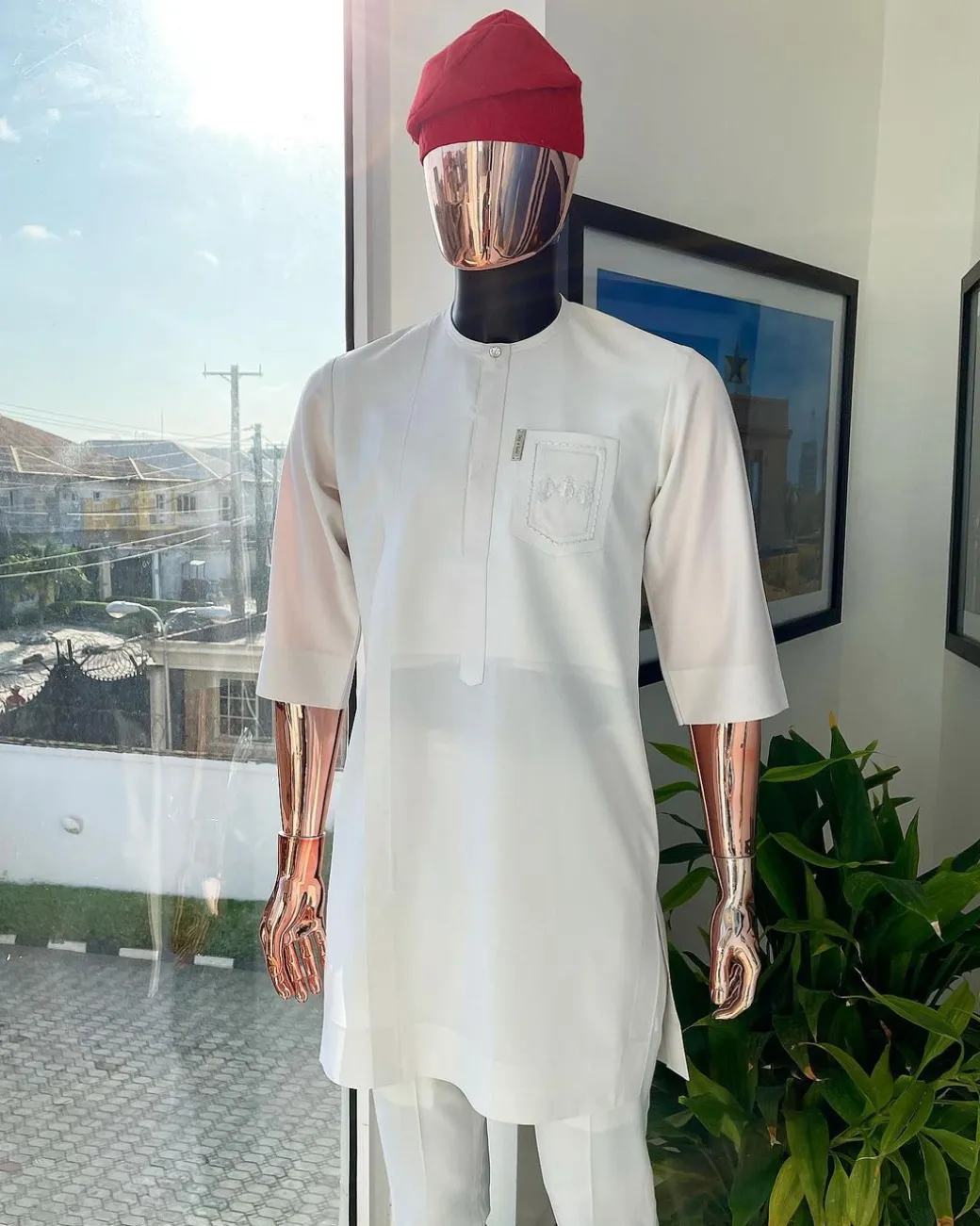 A White, front flap, triple ruffle pocket design & Swarovski button details african traditional senator kaftan native.