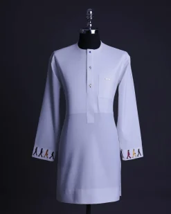 A White, front flap with mixed Swarovski buttons, patch pocket, free hand cuff with (keep walking) embroidery detailing African senator kaftan native.